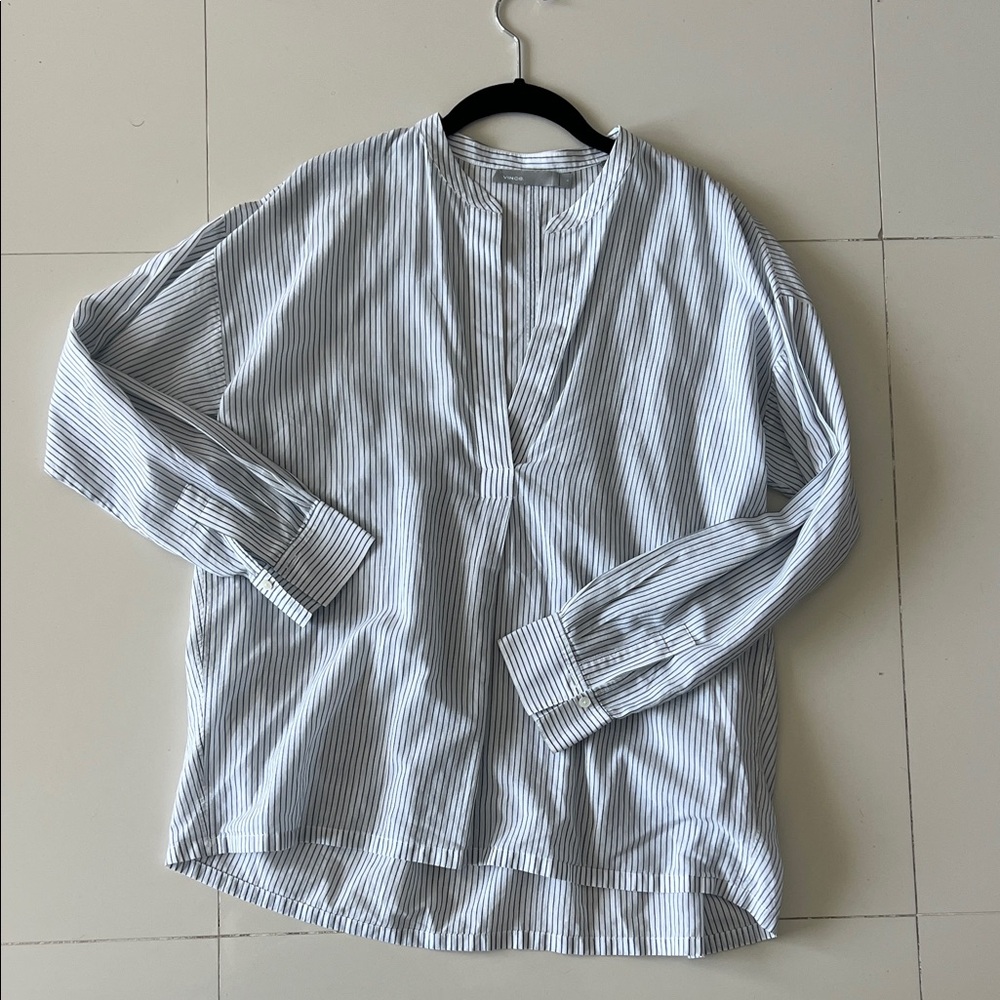 Vince Striped Long-Sleeve Band Collar Shirt - Light Blue size S